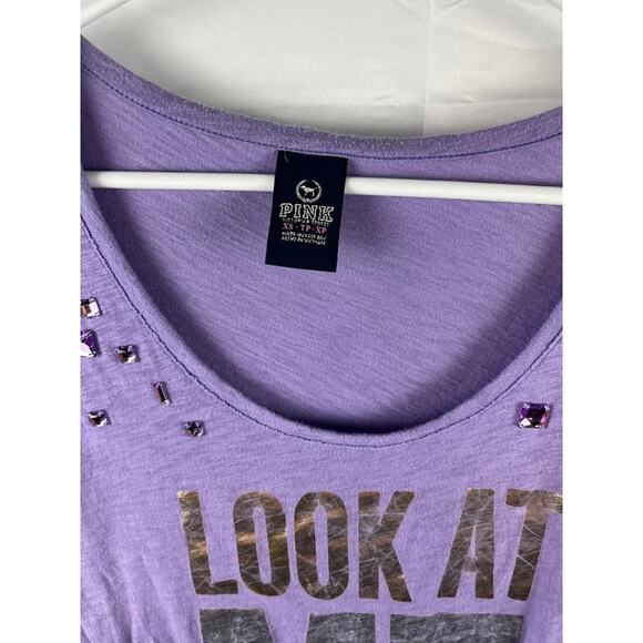Victoria's Secret PINK purple Short Sleeve T-Shirt XS "Look at me" rhinestones - Picture 6 of 7